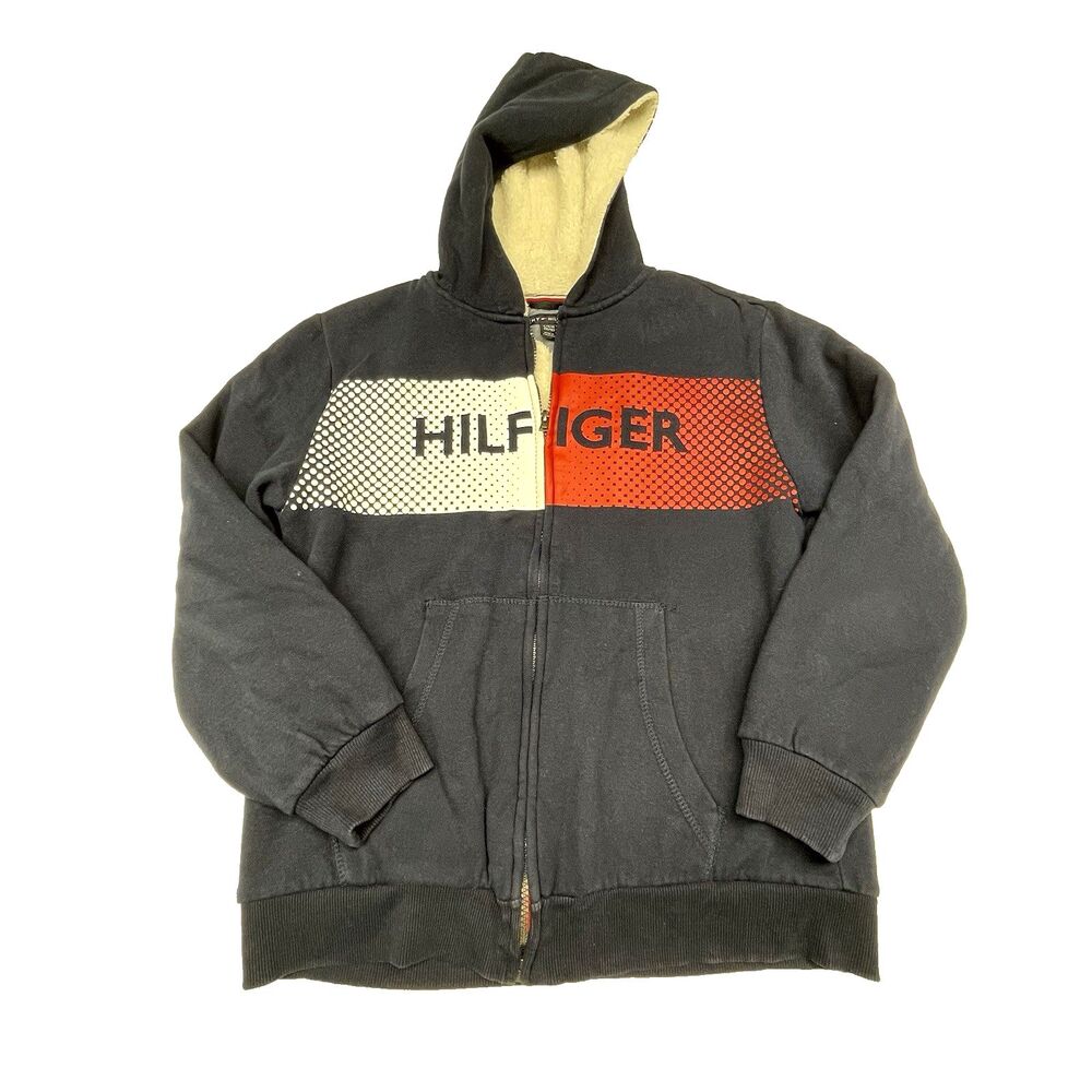 Tommy Hilfiger Fleece Zipper Hoodie Pocket Navy Red White Boy Size Large (16/18)